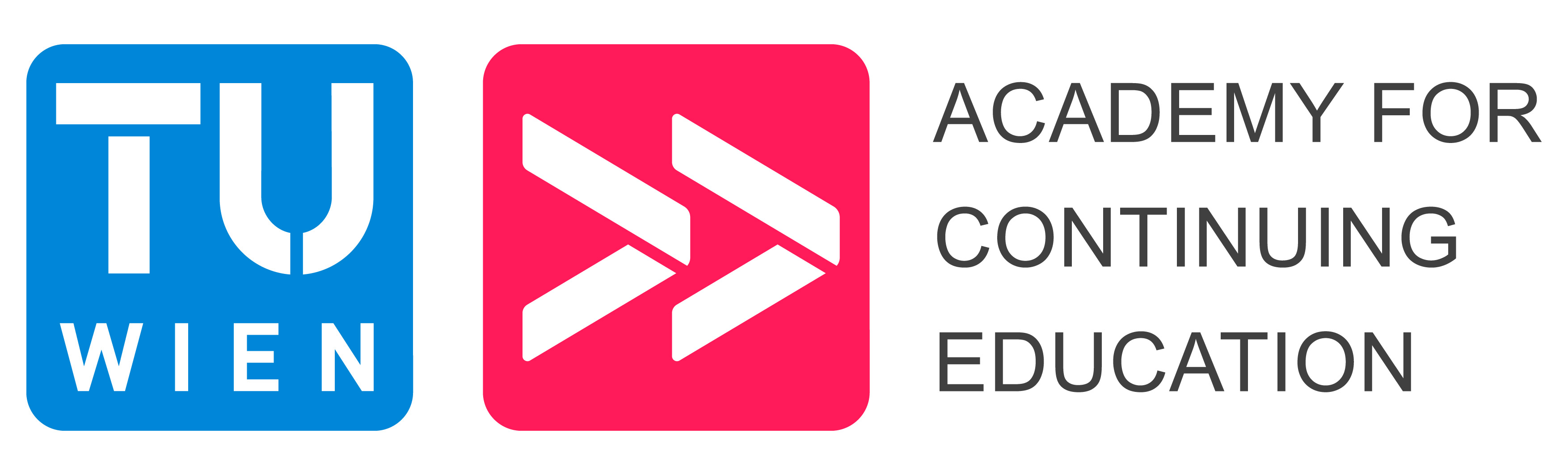 Blaues Logo mit "TU Wien" in weißer Schrift, daneben rotes Logo mit ">>" in weißer Schrift. Daneben steht "Academy for Continuing Education"