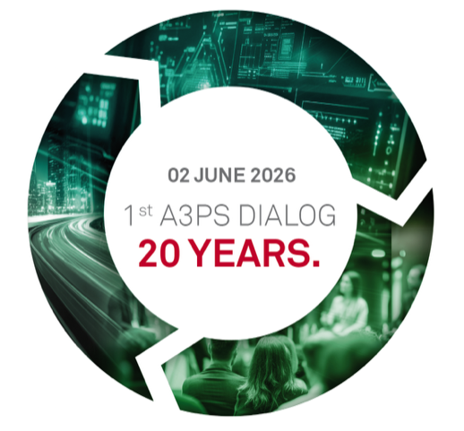 Kreis mit "2. Juni 2026, 1st A3PS Dialog, 20 Years.