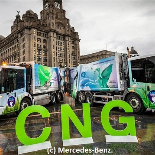 The city of Liverpool recently established a fleet of 20 Mercedes-Benz Econic NGT (Natural Gas Technology) 2630 L refuse trucks. (Photo courtesy of Mercedes-Benz.)